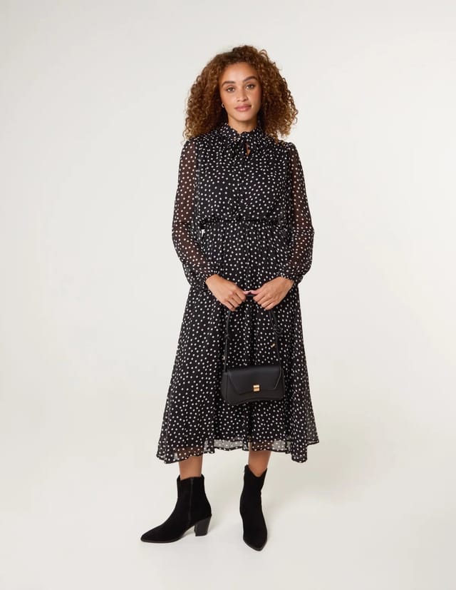 Blue Vanilla Polka Dot Tie Neck Midi Dress - 3