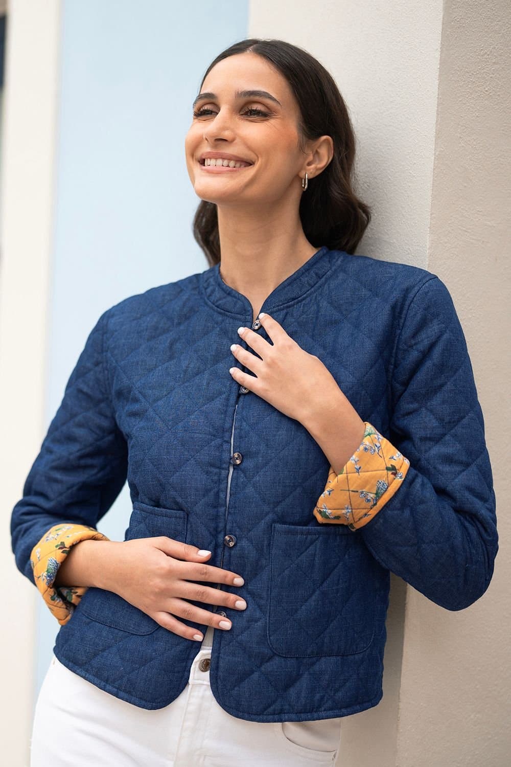 Yumi Yumi Women's Blue Chambray Quilted Jacket With Reversible Floral Lining