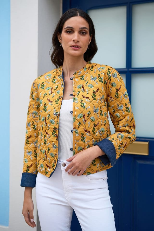 Yumi Yumi Women's Blue Chambray Quilted Jacket With Reversible Floral Lining - 3