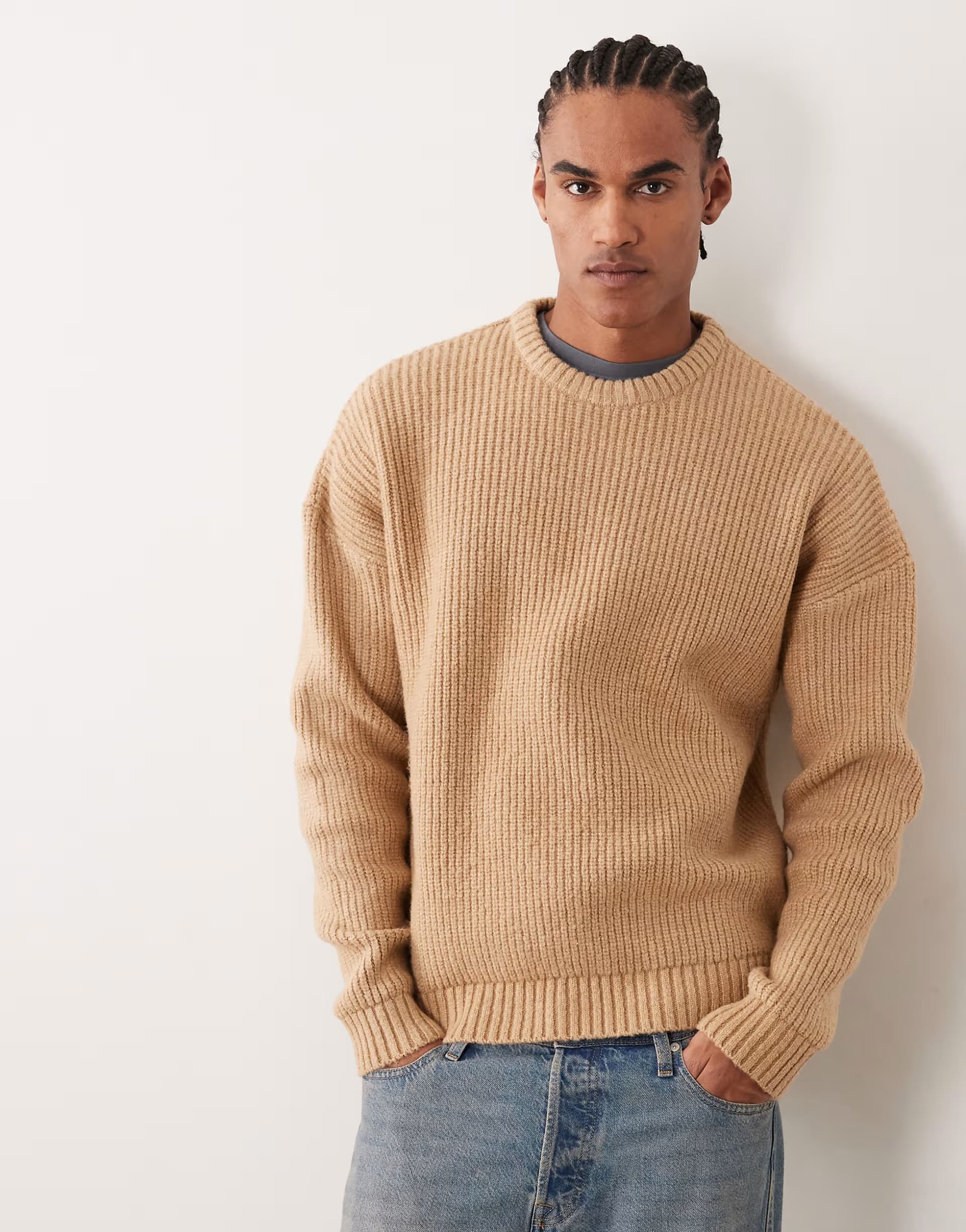 ASOS ASOS DESIGN super oversized boxy fit knitted fisherman rib jumper in beige