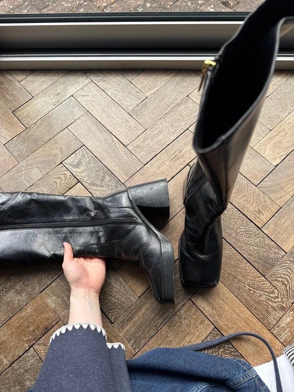 ASOS Design High Knee Square Toe and Heel Black Faux Leather Boots