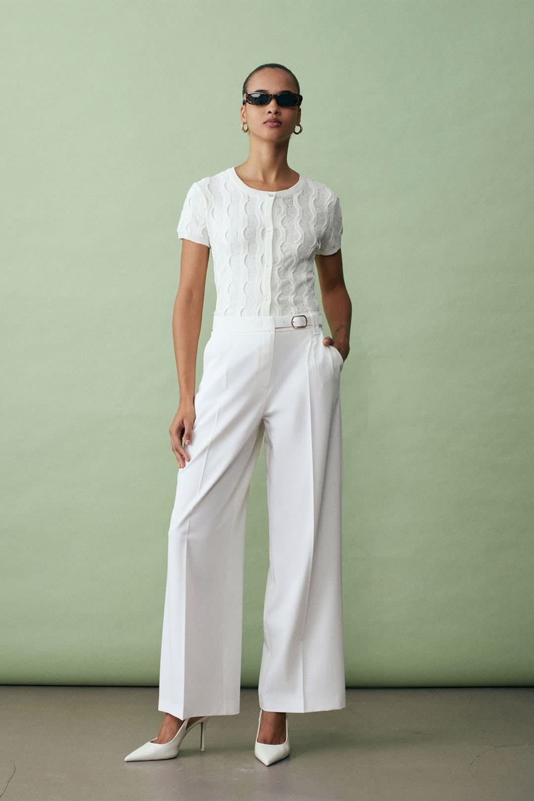 Dilvin Dilvin Women's Wide-leg Belted Crepe Trousers in White