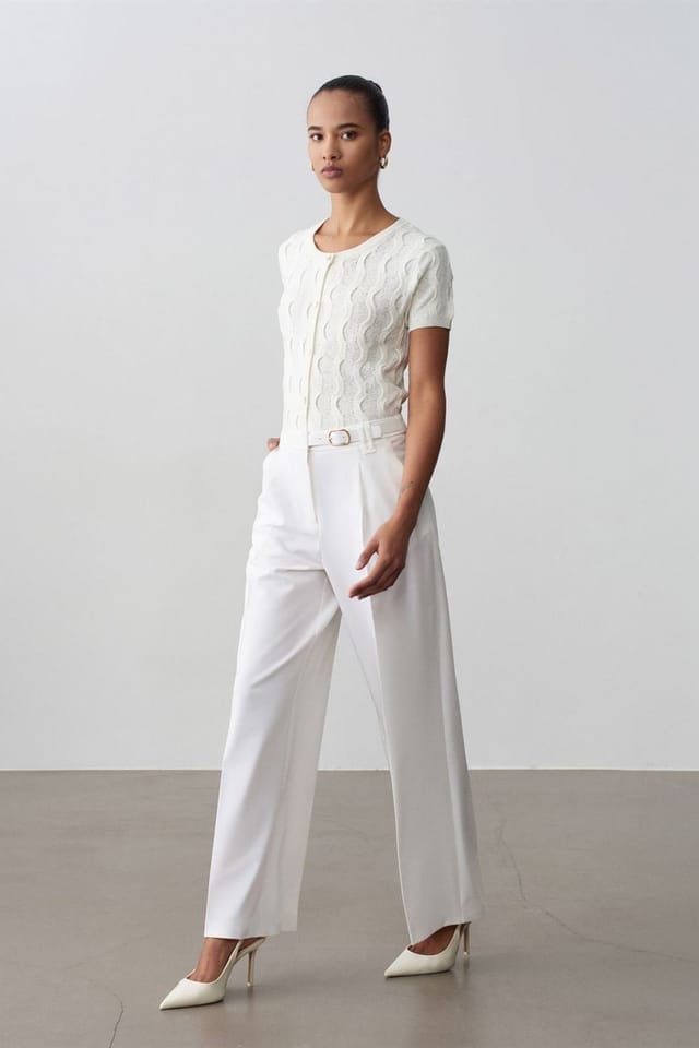 Dilvin Dilvin Women's Wide-leg Belted Crepe Trousers in White - 3