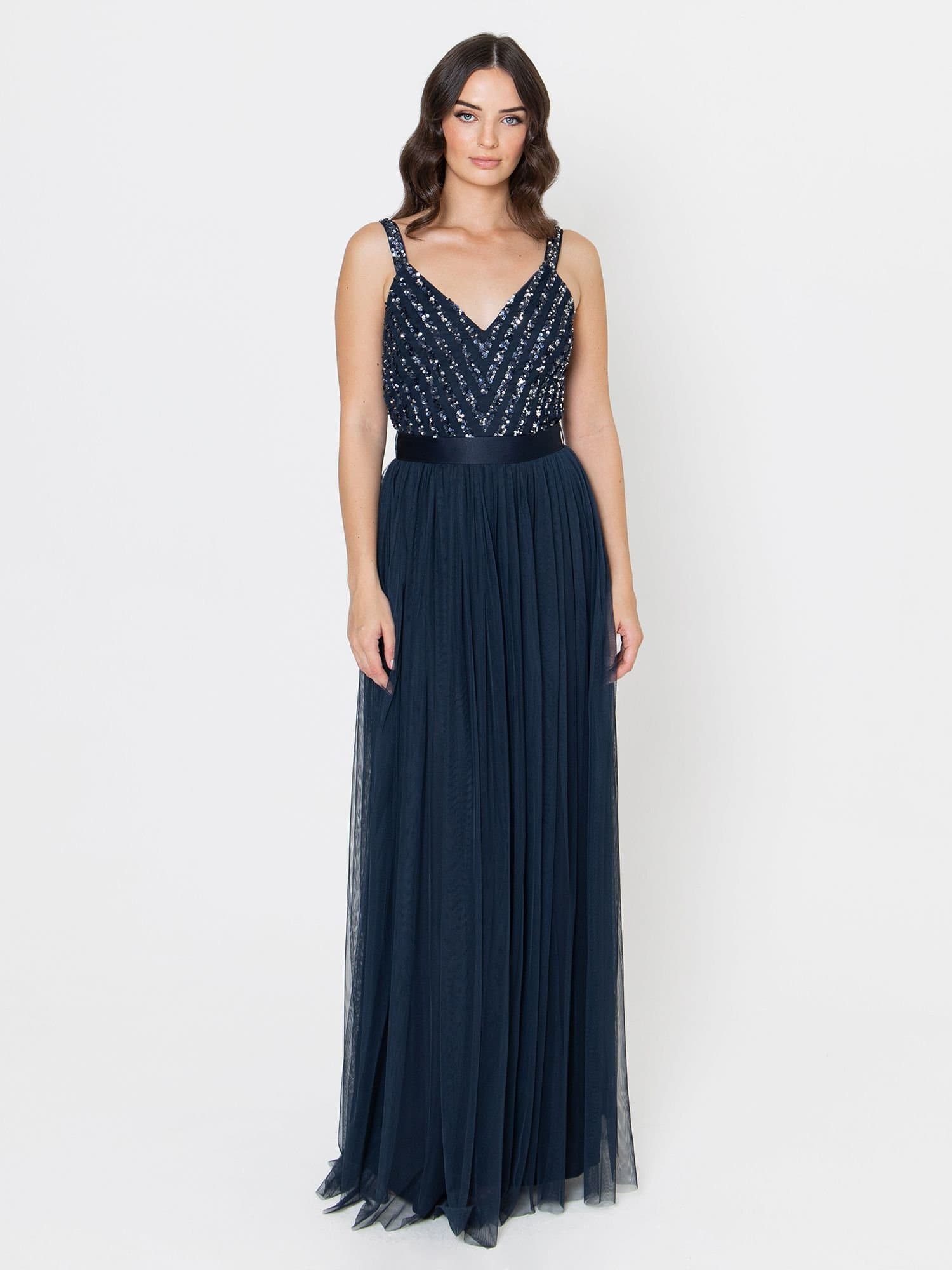 Maya Deluxe Maya Deluxe Women's Stripe Embellished Maxi Dress in Dark Navy