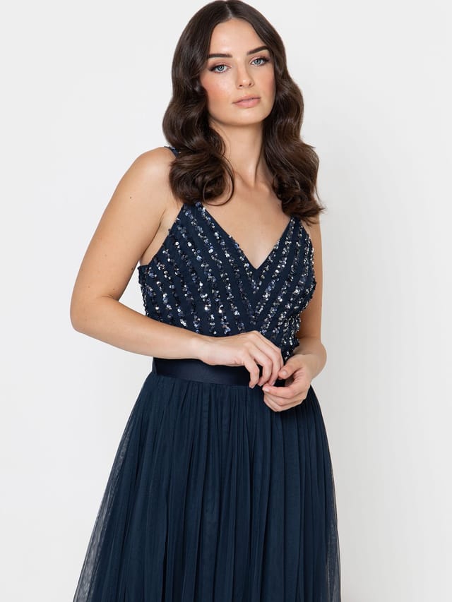 Maya Deluxe Maya Deluxe Women's Stripe Embellished Maxi Dress in Dark Navy - 3