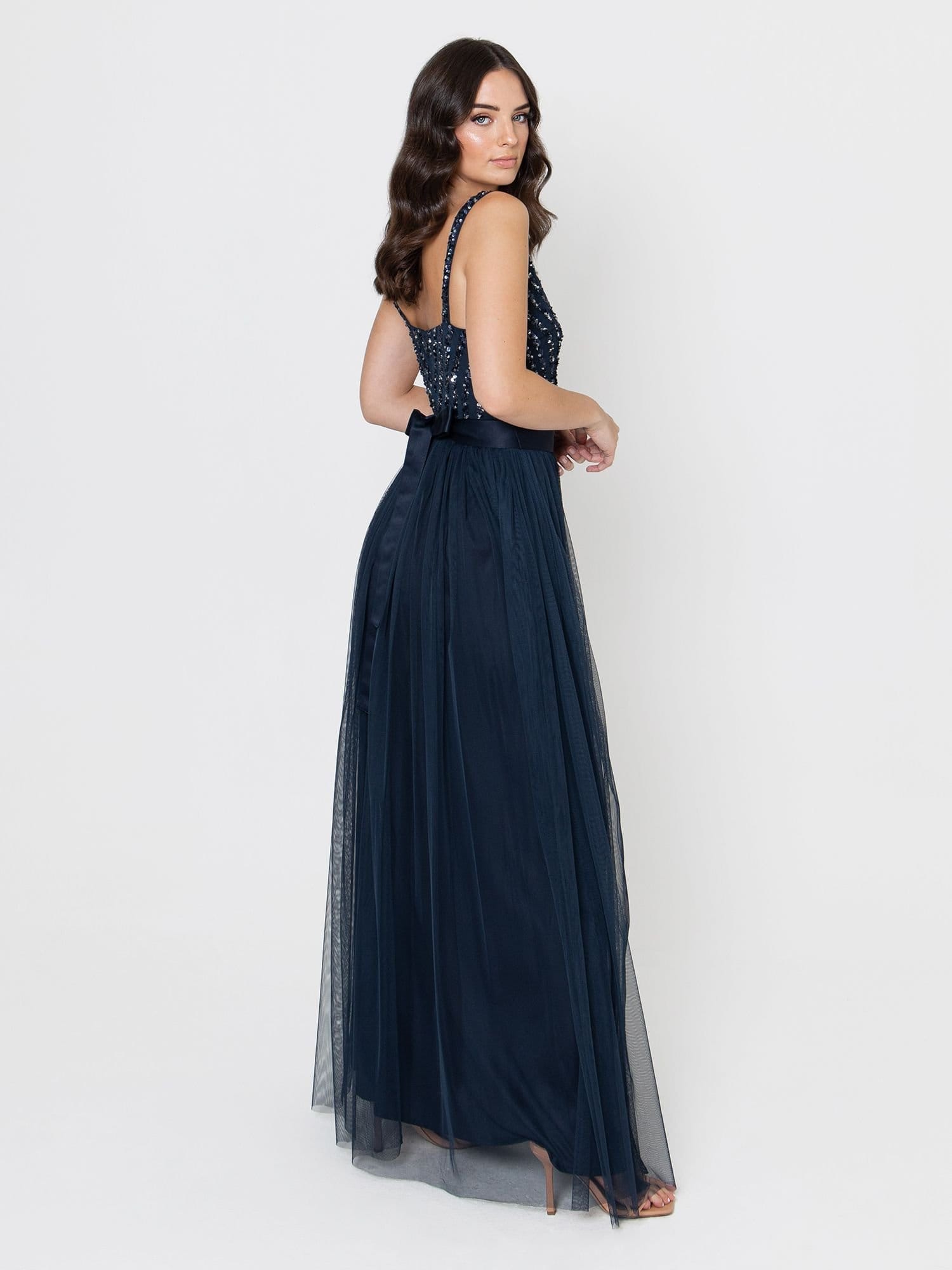 Maya Deluxe Maya Deluxe Women's Stripe Embellished Maxi Dress in Dark Navy - 4
