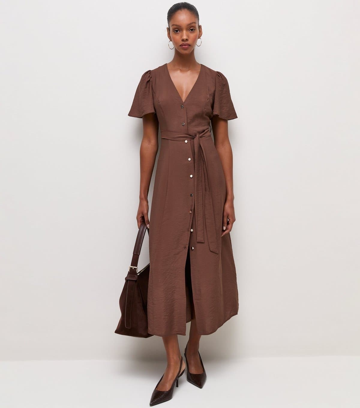New Look Women's Dark Brown Button Front Flutter Sleeve Midi Dress New Look
