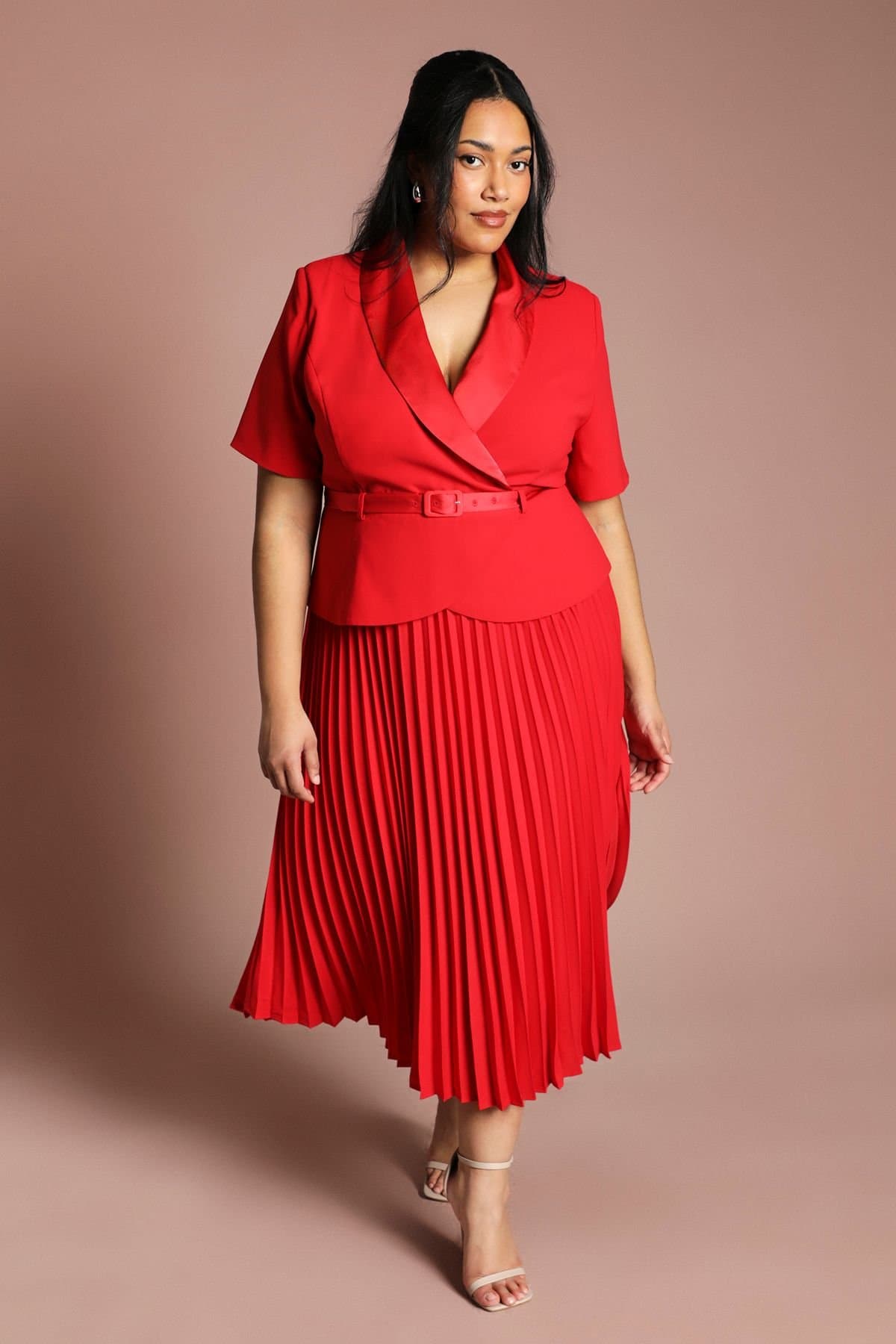 Coast Coast Women's Plus 2 In 1 Wrap Dress With Pleated Skirt in Flame Red