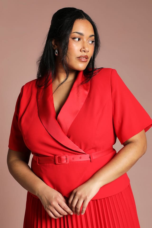 Coast Coast Women's Plus 2 In 1 Wrap Dress With Pleated Skirt in Flame Red - 2
