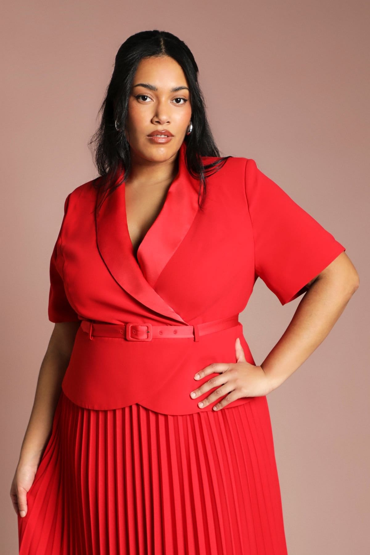 Coast Coast Women's Plus 2 In 1 Wrap Dress With Pleated Skirt in Flame Red - 4