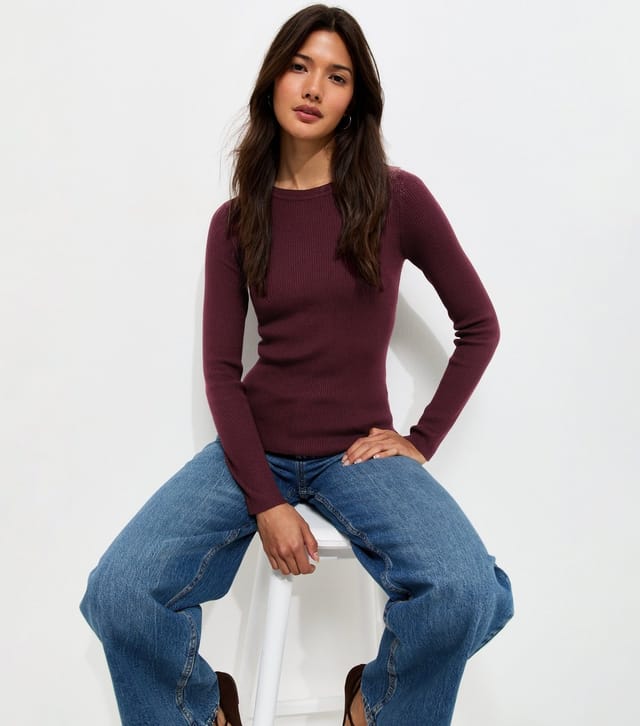 New Look Women's Dark Burgundy Ribbed Lightweight Crew Neck Jumper New Look - 2