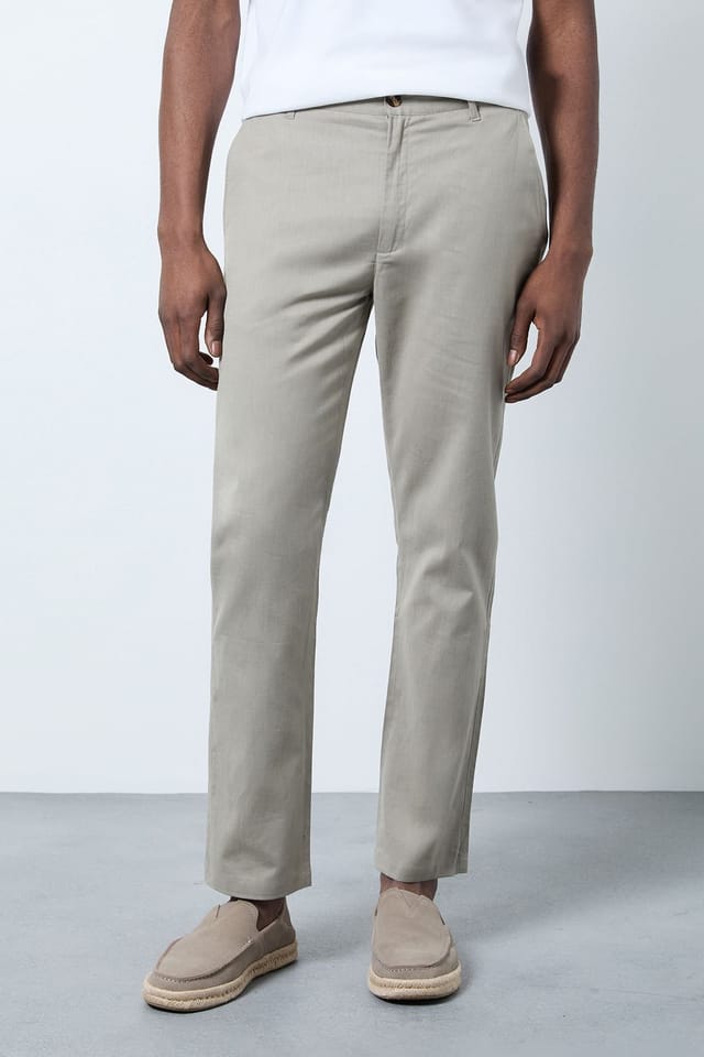 Burton Burton Men's Pale Grey Cotton Linen Slim Fit Trousers - 2