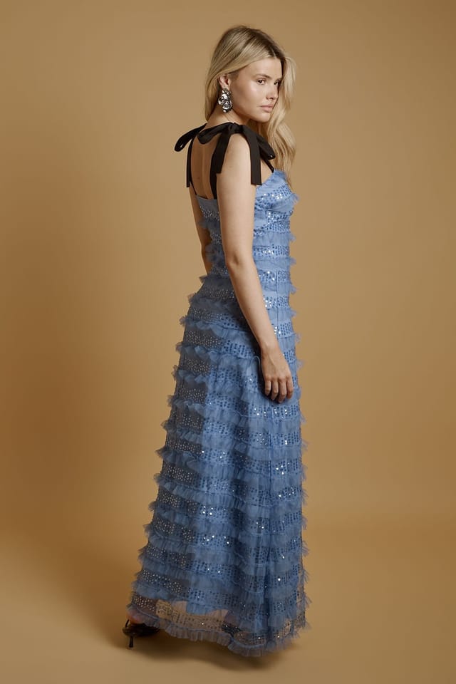 Oasis Oasis Women's Tiered Sequin Mesh Tie Shoulder Maxi Dress in Blue - 3