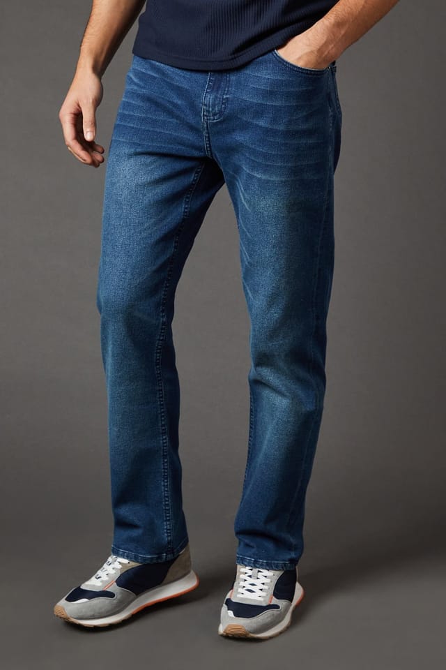 Burton Burton Men's Blue Wash Stretch Straight Fit Jeans in Light Wash - 2