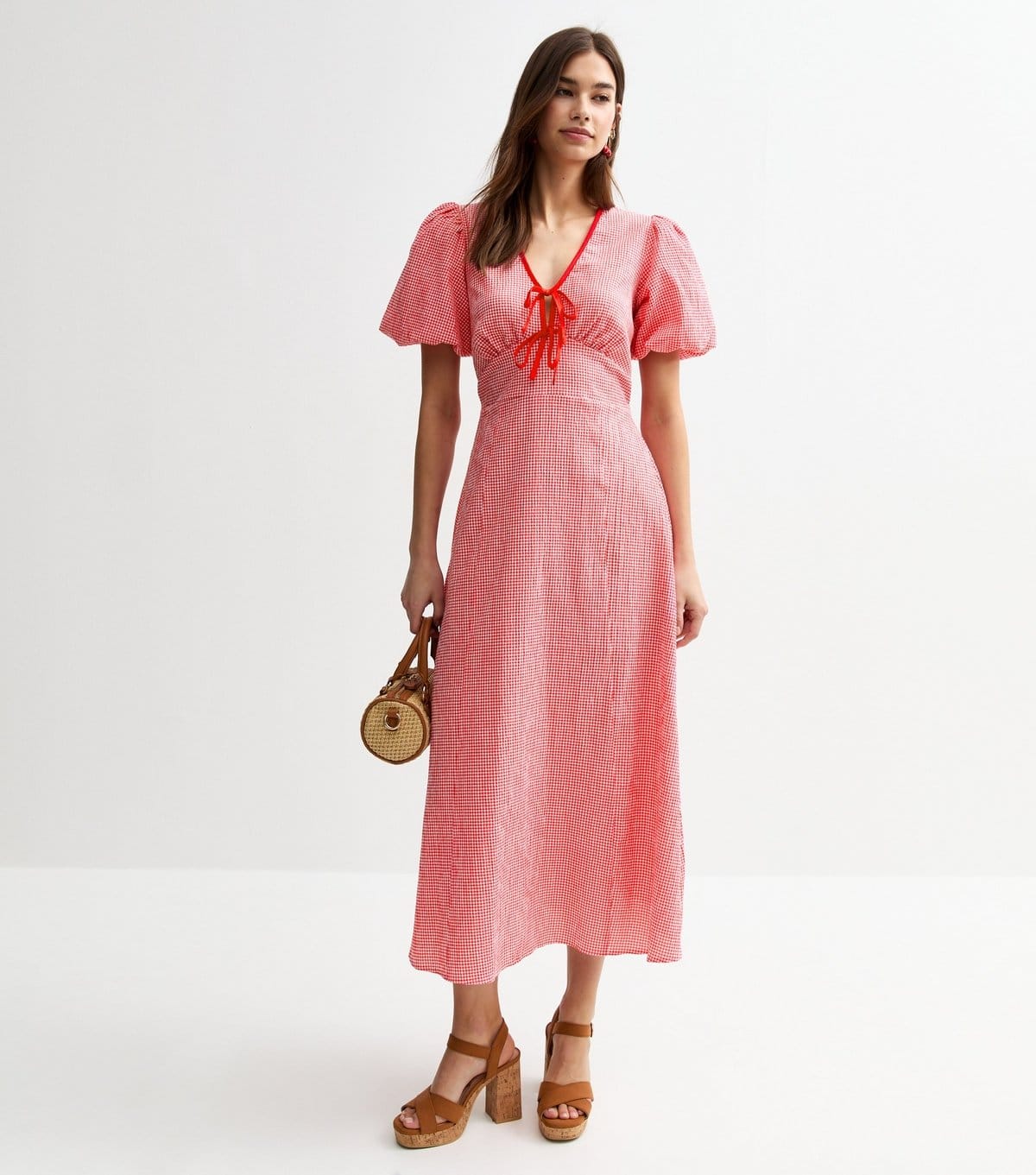 New Look Women's Red Gingham Check Tie Neck Midi Dress New Look - 4