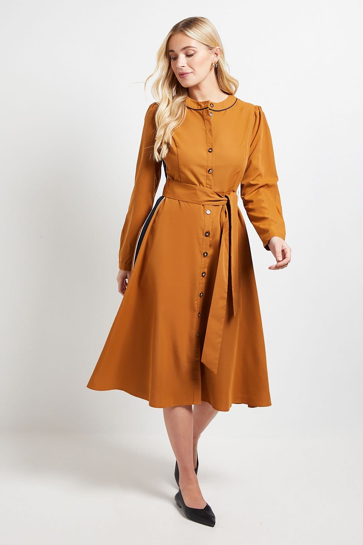 Wallis Wallis Women's Petite Side Stripe Tie Waist Midi Dress in Camel