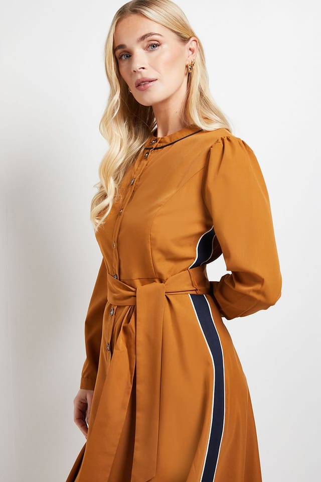 Wallis Wallis Women's Petite Side Stripe Tie Waist Midi Dress in Camel - 2