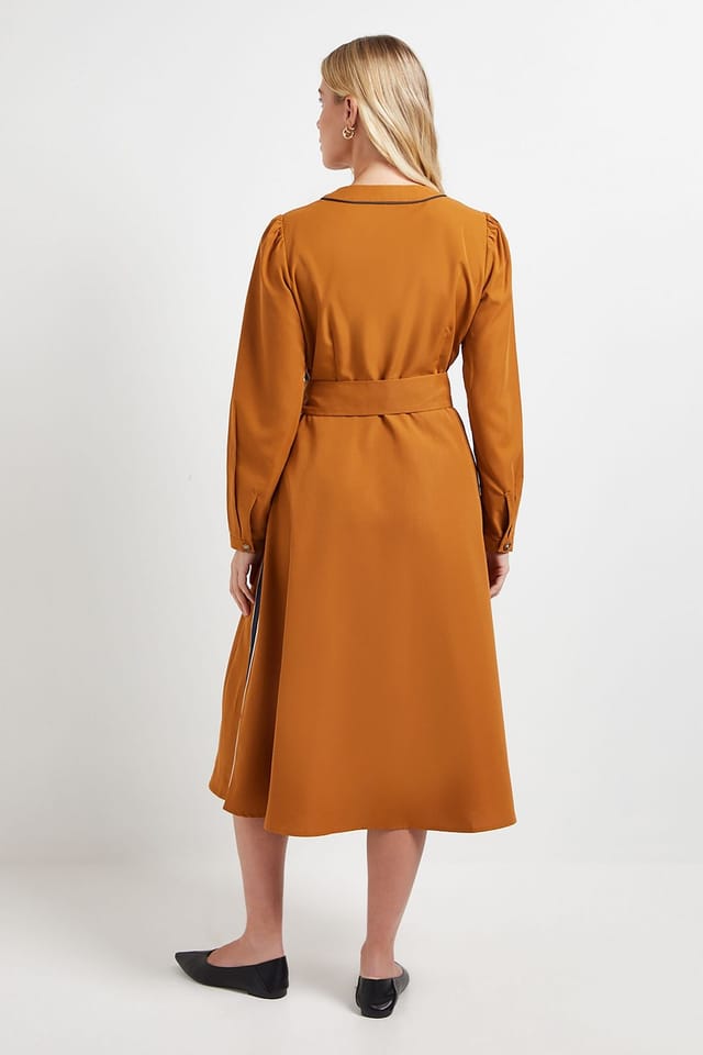 Wallis Wallis Women's Petite Side Stripe Tie Waist Midi Dress in Camel - 3