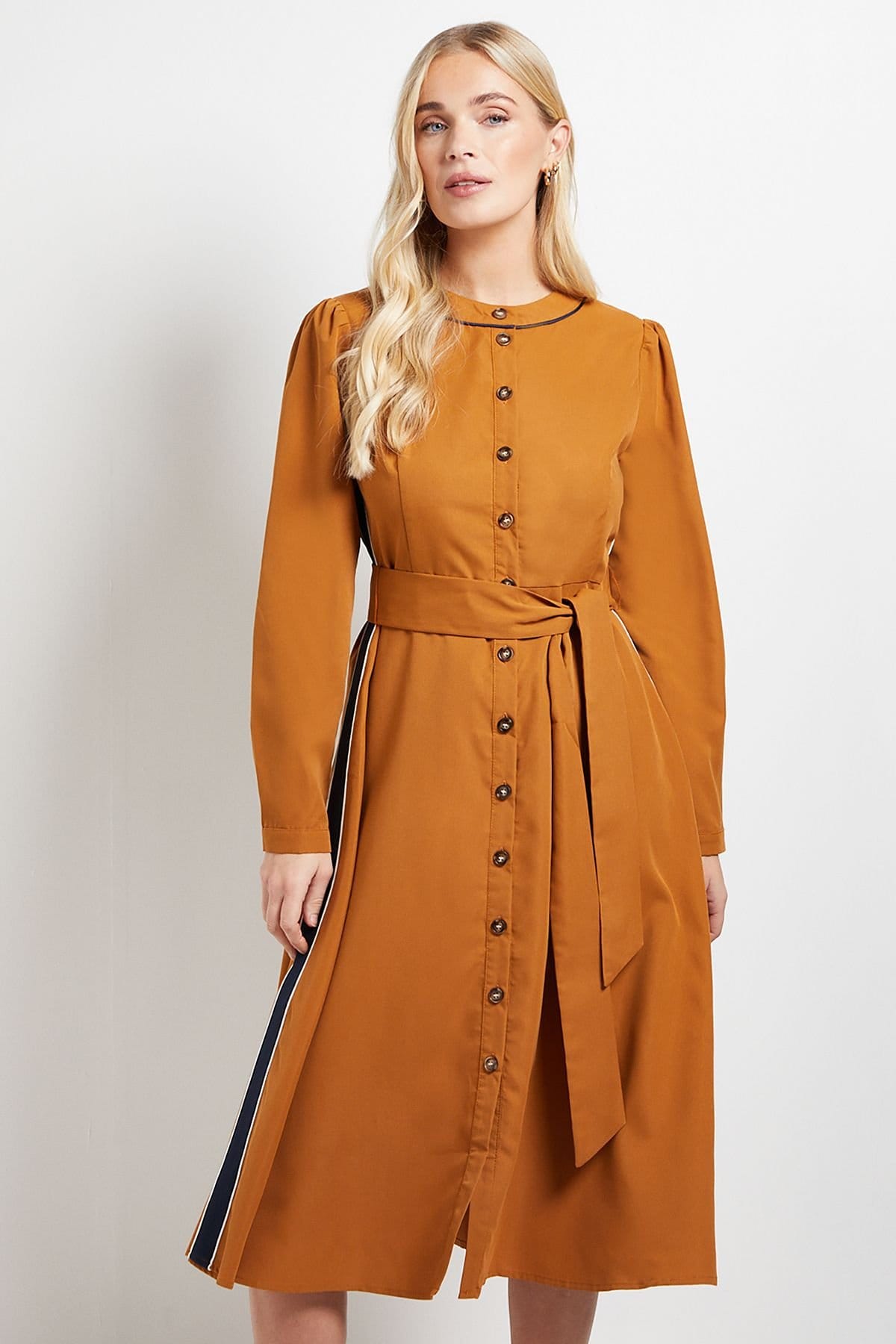 Wallis Wallis Women's Petite Side Stripe Tie Waist Midi Dress in Camel - 4