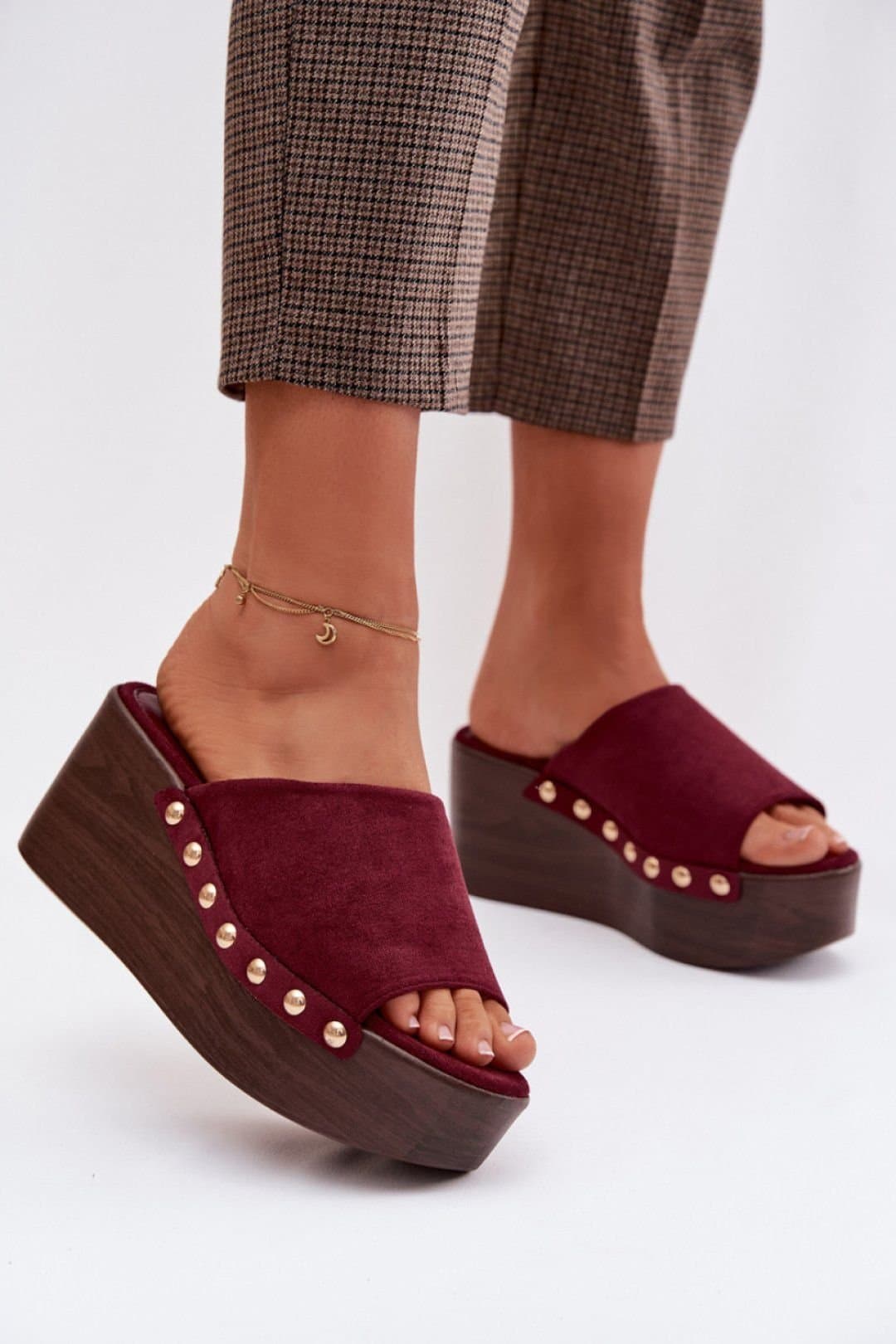 Love Lace Love Lace Red Suede Wedge Platform Sandals with Golden Side Studs