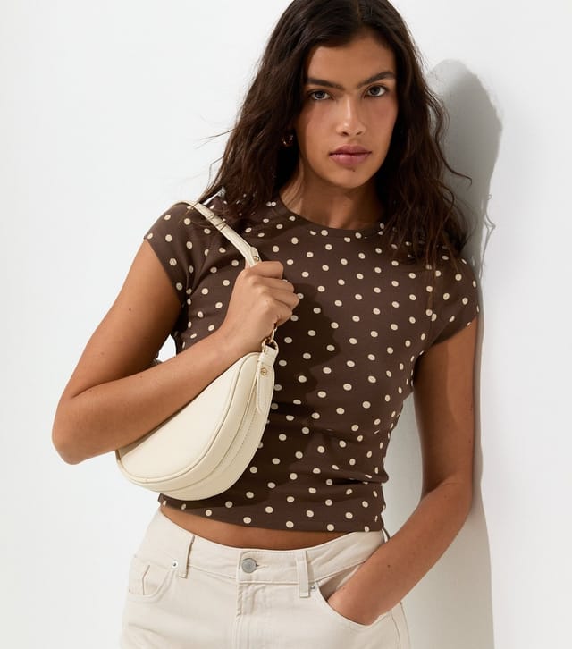 New Look Women's Brown Cotton Rich Spot Print Baby Tee T-Shirt New Look - 2