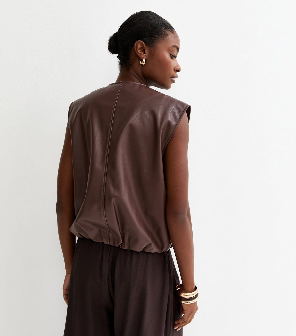 New Look Women's Brown Faux Leather Sleeveless Bubble Hem Jacket New Look - 4