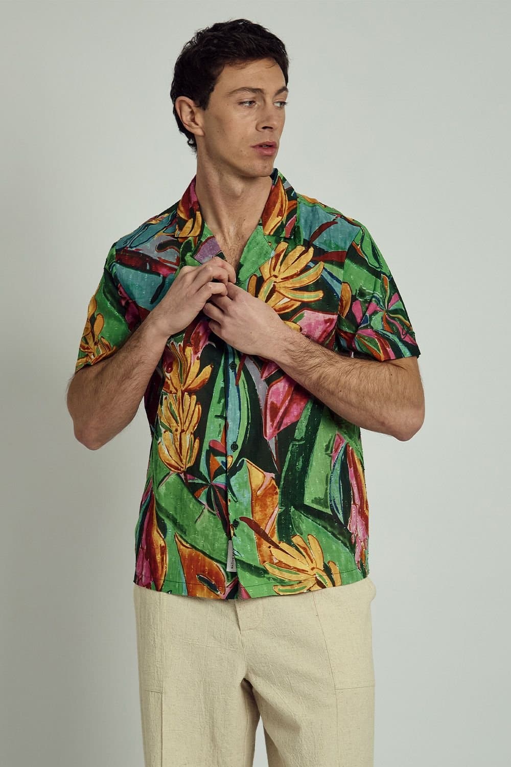 Native Youth Native Youth Men's Cotton Tropical Print Button Short Sleeve Shirt in Green