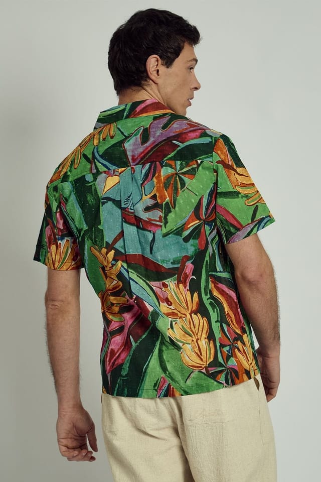 Native Youth Native Youth Men's Cotton Tropical Print Button Short Sleeve Shirt in Green - 2