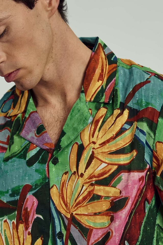Native Youth Native Youth Men's Cotton Tropical Print Button Short Sleeve Shirt in Green - 3