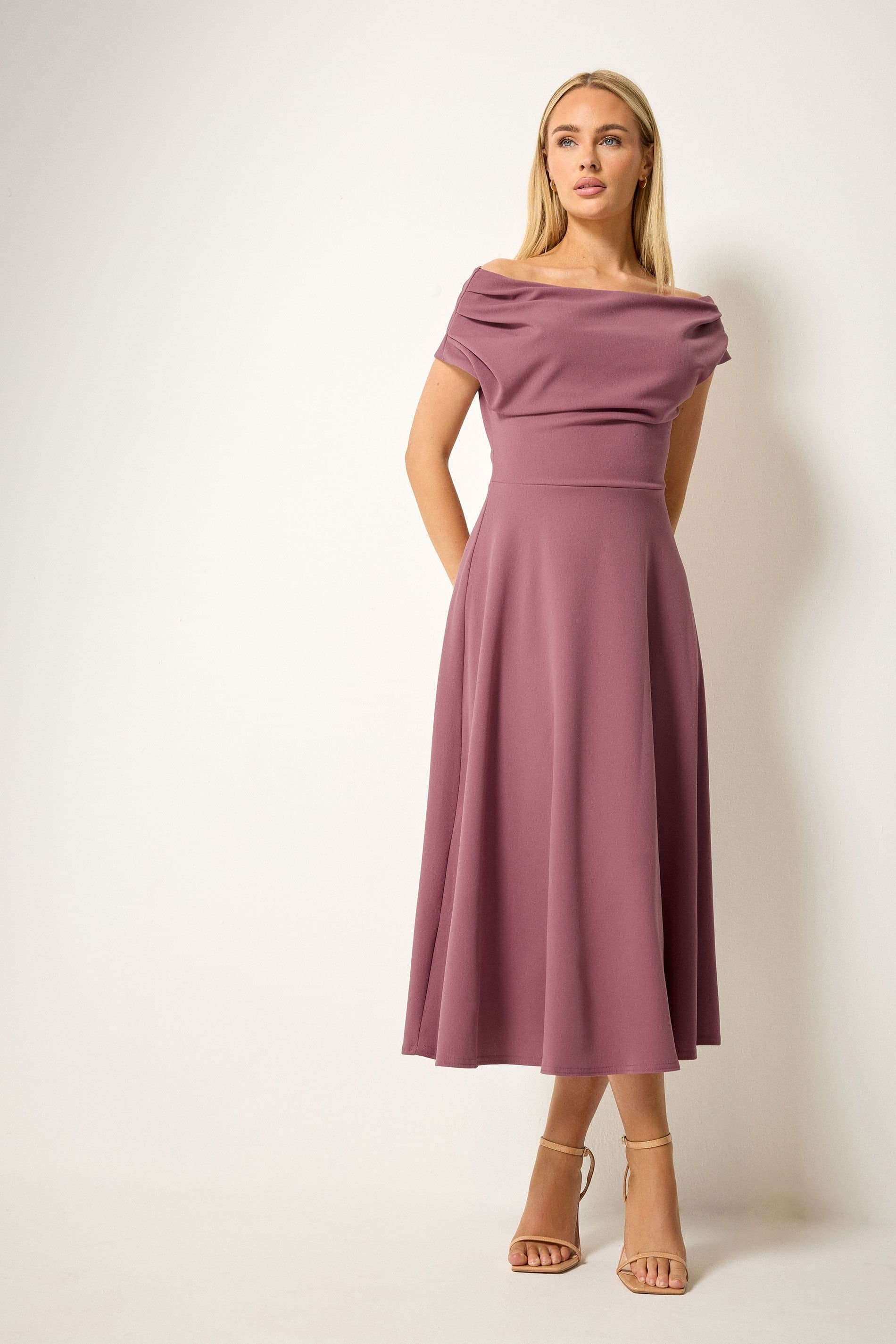 Star by Julien Macdonald Star by Julien Macdonald Women's Off Shoulder Fit & Flare Dress in Pink