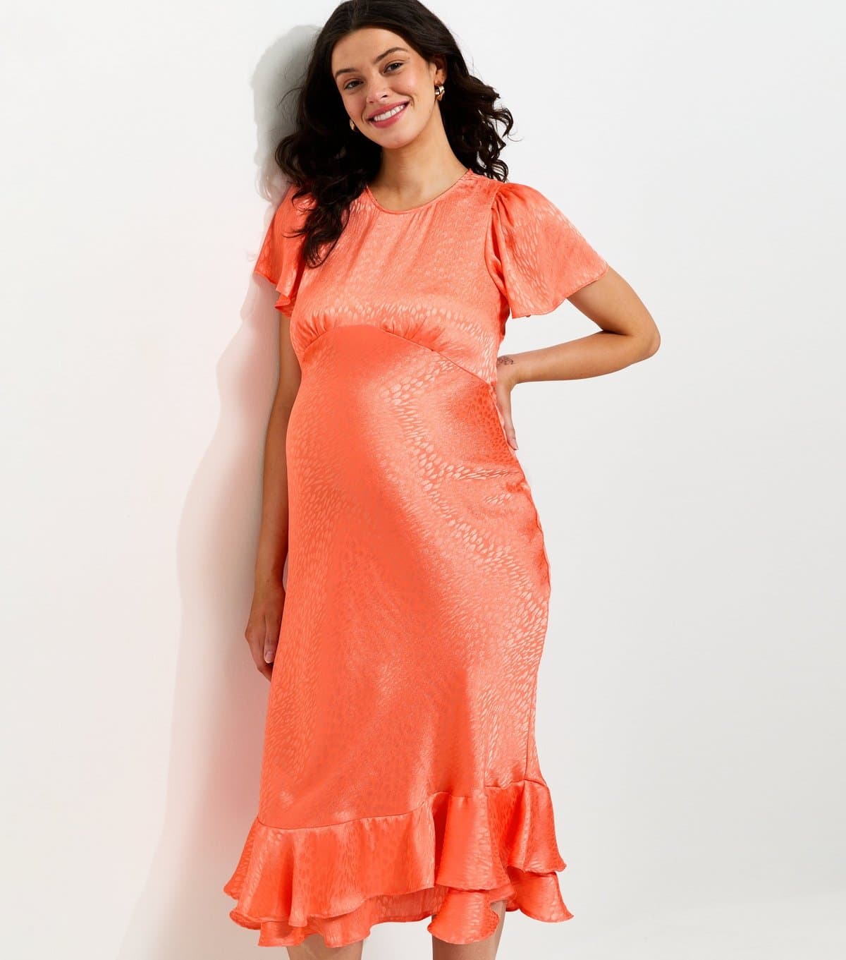 New Look Women's Maternity Bright Orange Feather Jacquard Satin Midi Dress New Look