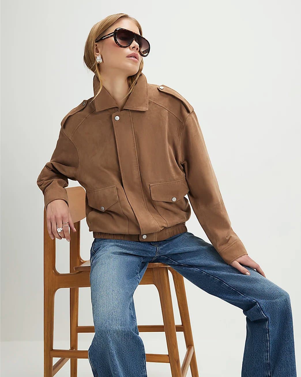 River Island River Island Womens Premium Beige Suede Oversized Bomber Jacket