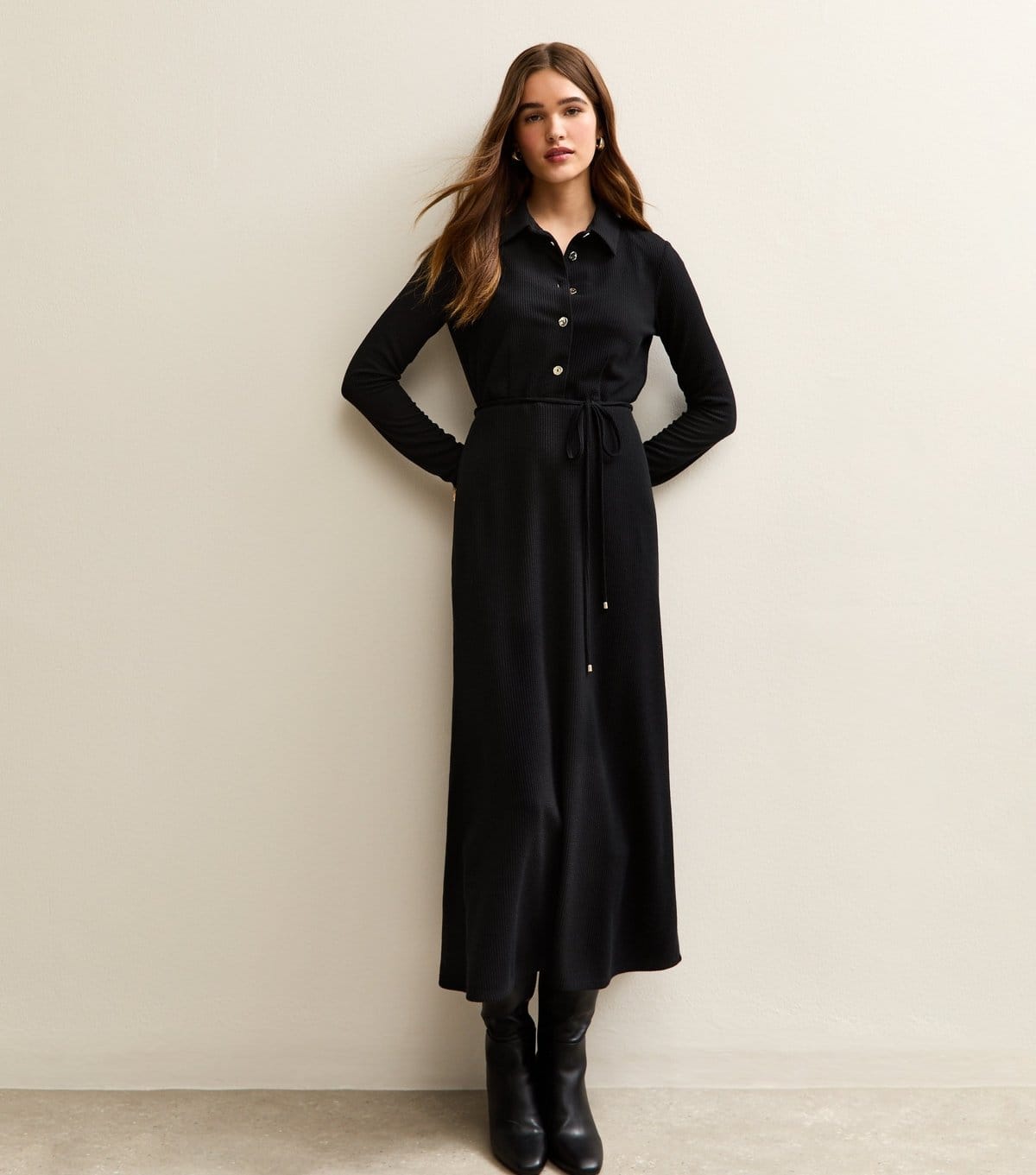 New Look Black Crinkled Midi Shirt Dress