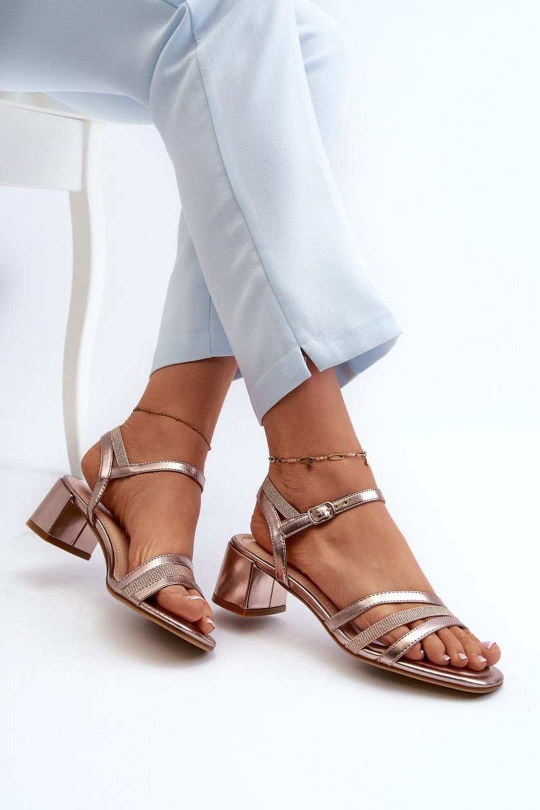 Love Lace Love Lace Pink Metallic Block Heel Sandals with Triple Straps
