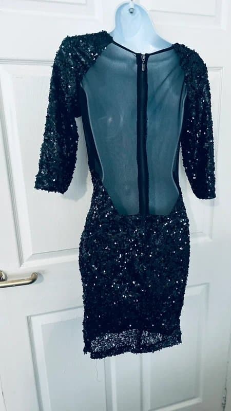 Jane Norman Stunning Jane Norman Black Sequin & Mesh Back Mini Dress Size 14 Y2K