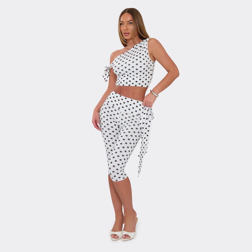 EGO Off The Shoulder Top And Capri Leggings Co-Ord Set In White Polka Dot, Women's Size UK M/L - 1