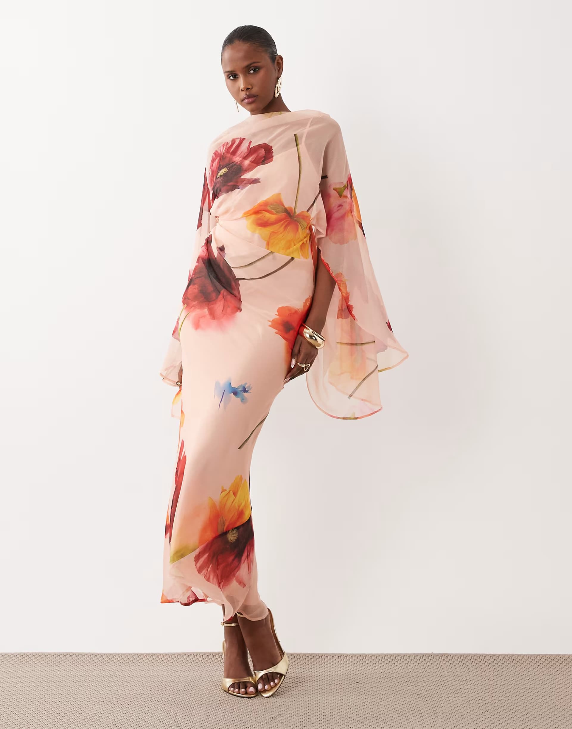 ASOS ASOS DESIGN kimono sleeve cape detail draped midaxi dress with open back in multicolour print