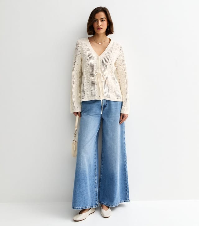 New Look Women's Cream Cotton Rich Stitchy Knit Tie Waist Cardigan New Look - 3