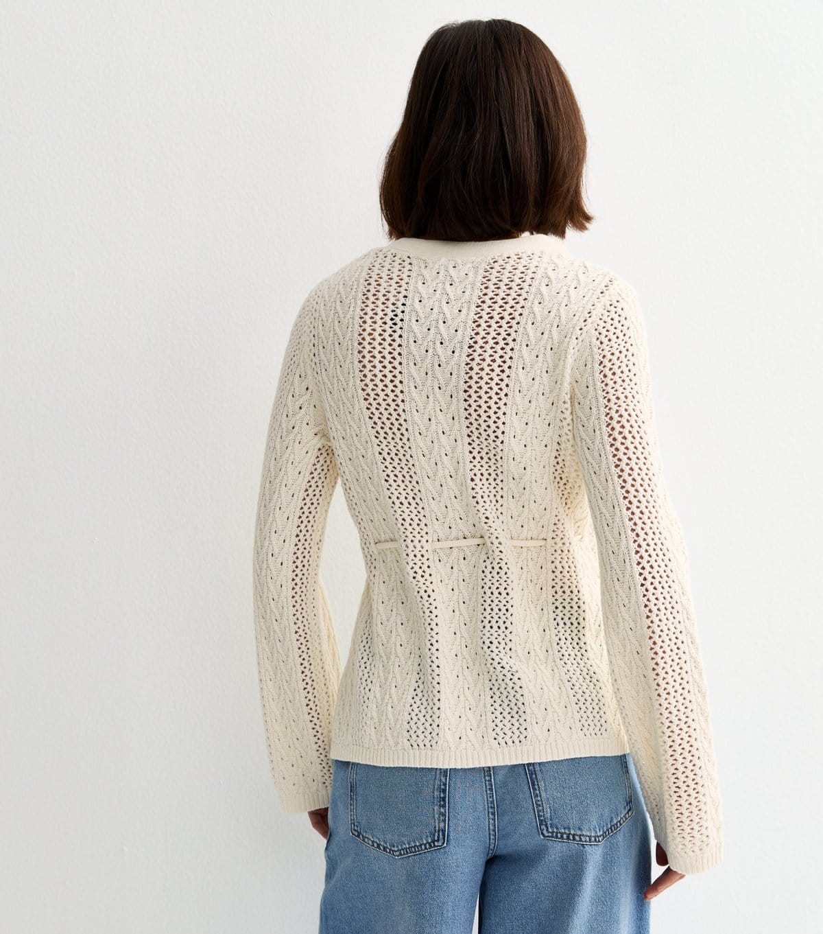 New Look Women's Cream Cotton Rich Stitchy Knit Tie Waist Cardigan New Look - 4