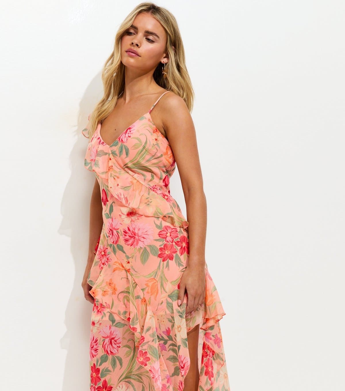 New Look Women's Petite Orange Floral Print Chiffon Asymmetric Dress New Look