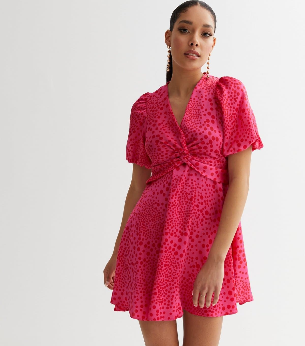New Look Women's Red Spot Satin Twist Front Mini Dress New Look
