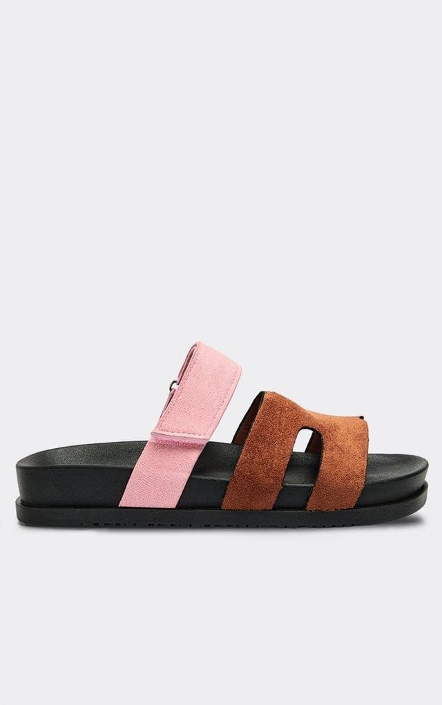 EGO Kildare Gladiator Velcro Strap Chunky Slider Sandal In Brown And Pink Faux Suede, Women's Size UK 3 - 2