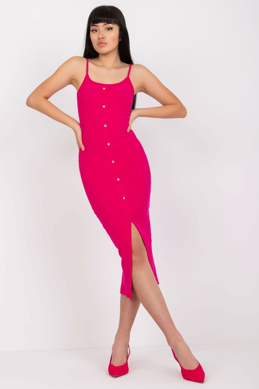 Love Lace Pink Ribbed Pencil Dress with Buttons