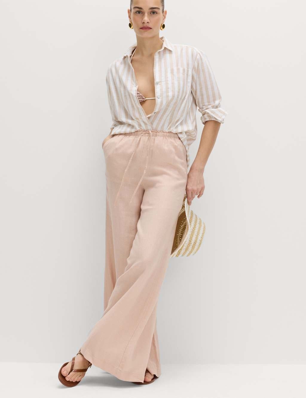 Marks & Spencer M&S Pink Linen Wide Leg Palazzo Trousers