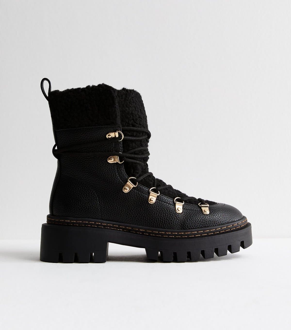 New Look Women's Black Faux Leather Fleece Trim Chunky Ankle Boots Vegan New Look