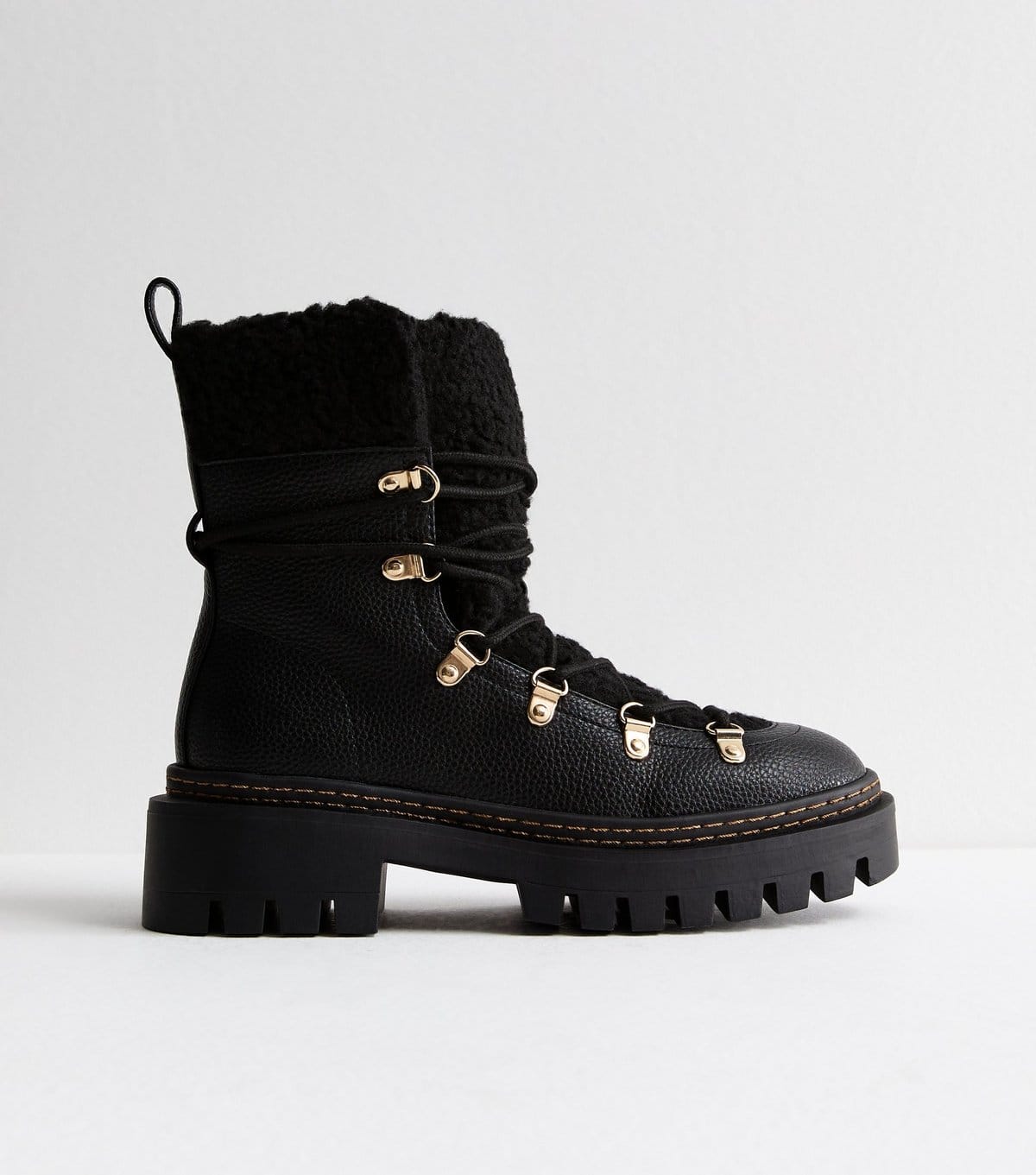 New Look Women's Black Faux Leather Fleece Trim Chunky Ankle Boots Vegan New Look - 1