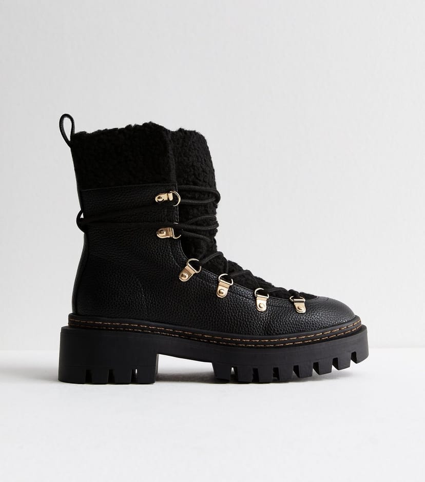 New Look Women's Black Faux Leather Fleece Trim Chunky Ankle Boots Vegan New Look - 1