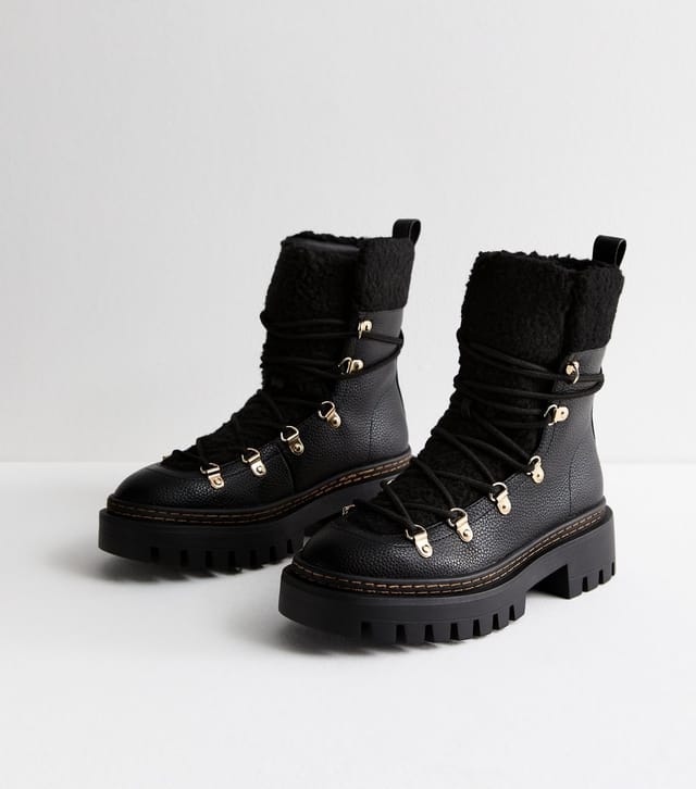 New Look Women's Black Faux Leather Fleece Trim Chunky Ankle Boots Vegan New Look - 3