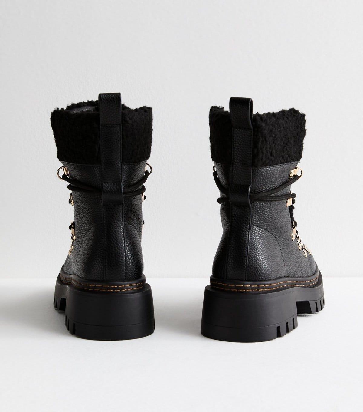 New Look Women's Black Faux Leather Fleece Trim Chunky Ankle Boots Vegan New Look - 4