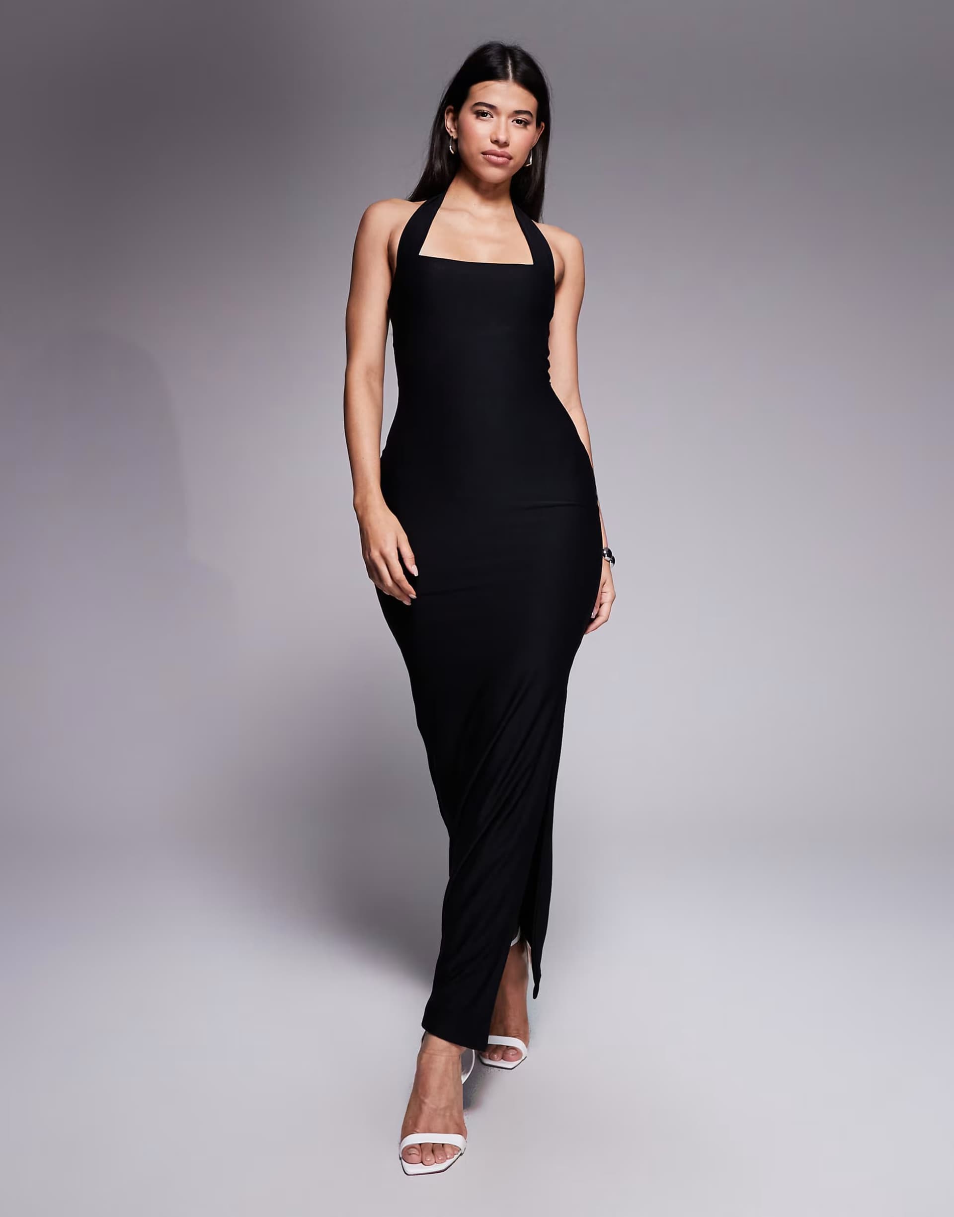 ASOS Kaiia exclusive premium cotton touch slinky square halterneck maxi dress in black